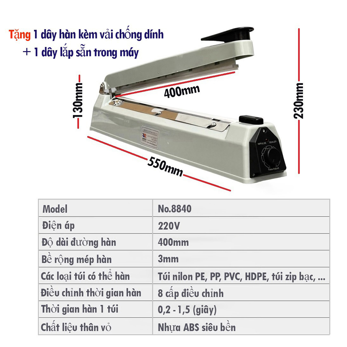 Máy ép miệng túi 400x3mm vỏ nhựa ABS