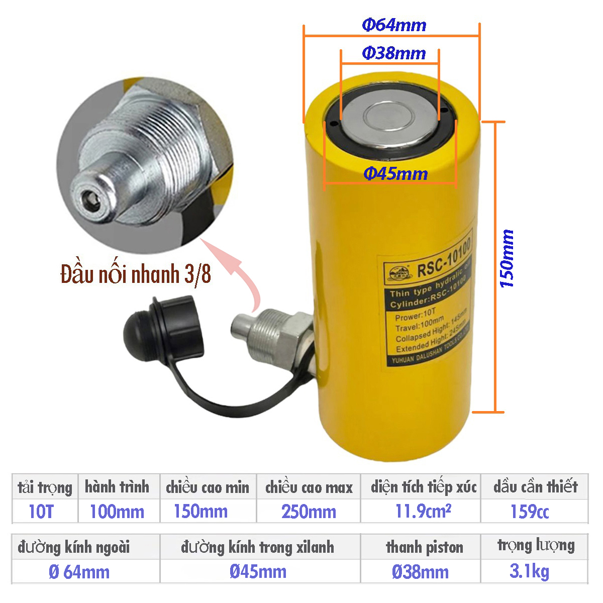 Kích thủy lực 1 chiều 10 tấn Dalushan RSC-10100 hành trình 100mm