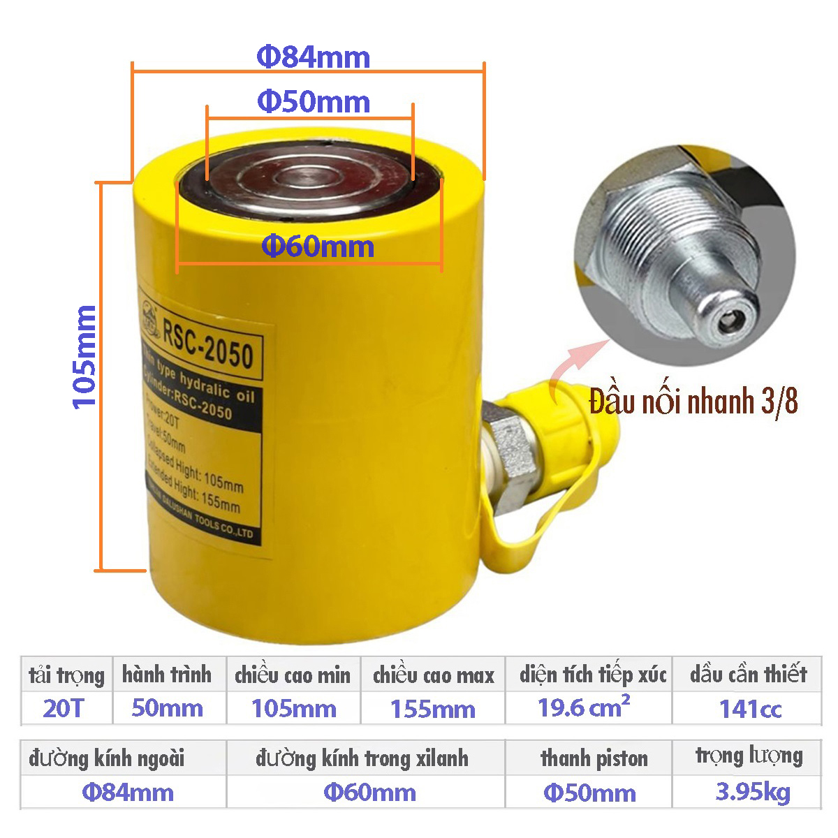 Kích thủy lực 1 chiều 20 tấn hành trình 50mm dalushan RSC-2050